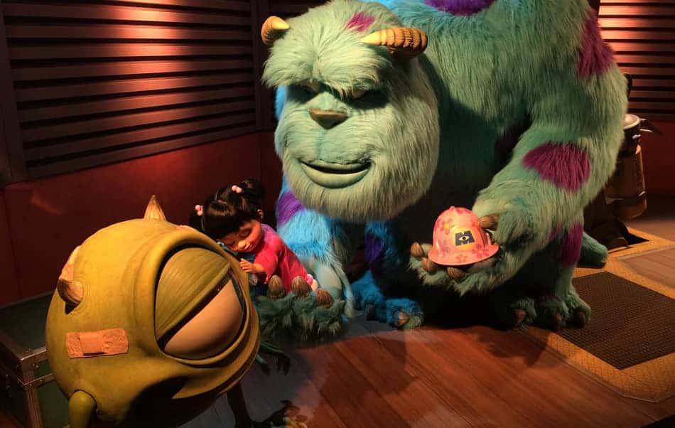 Closeup of two characters at the Monster's Inc. ride