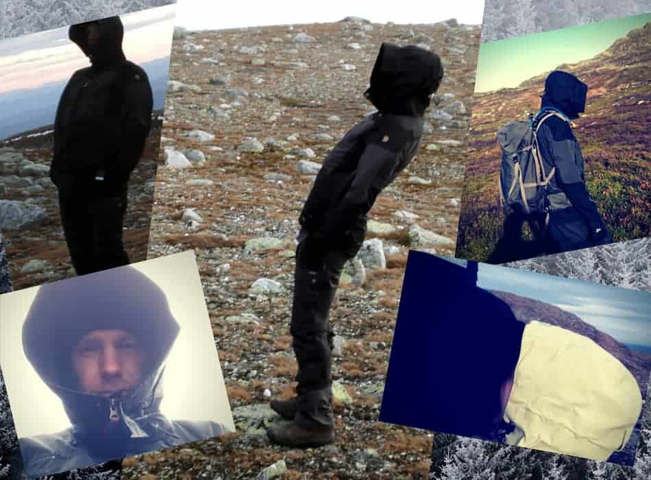 Collage of my in windy and miserable weather hiking in the mountains wearing my Fjallraven Keb Jacket