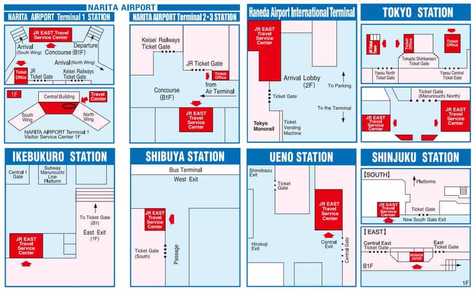 Map of 8 different location where you can turn in your voucher for your Japan Rail Pass