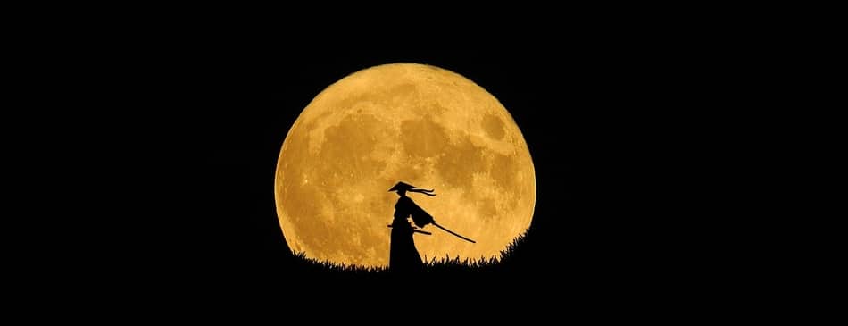 Samurai illustration. Lone warrior in front of a yellow moon.