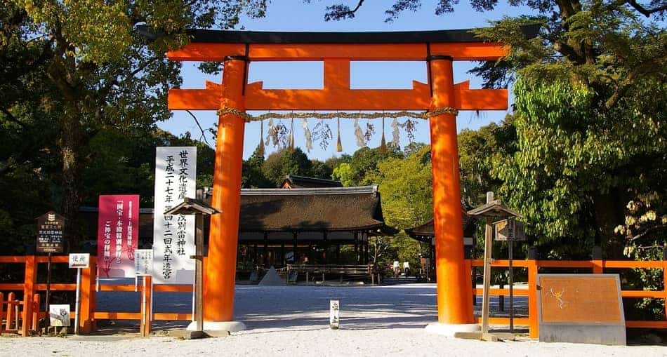 Torii Gates in front of temple in Japan.
