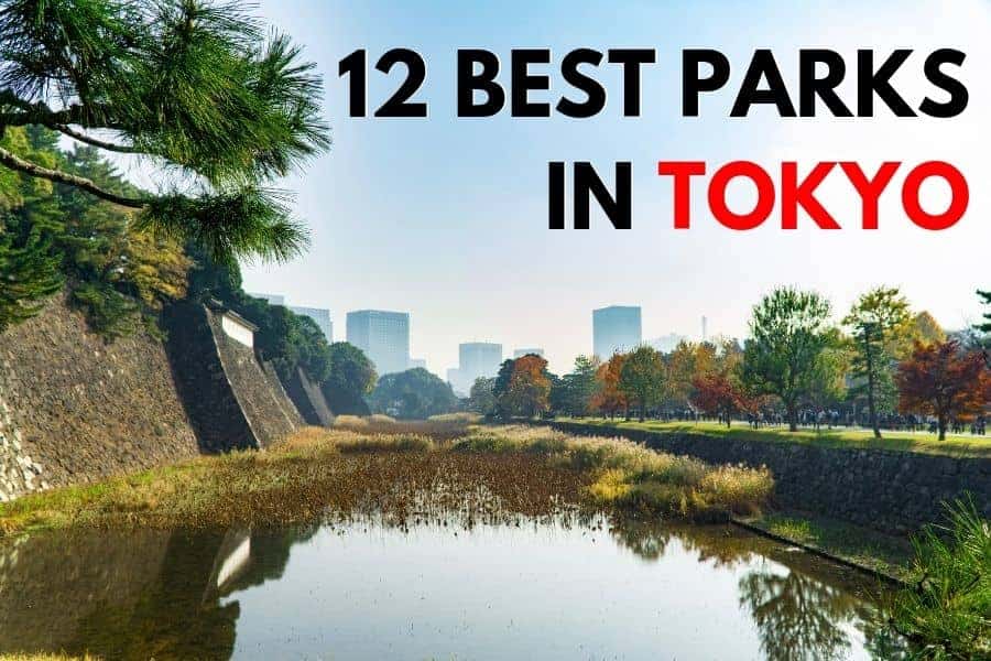 A photo of the Tokyo Imperial Palace park with the text "12 best parks in Tokyo" on the image.