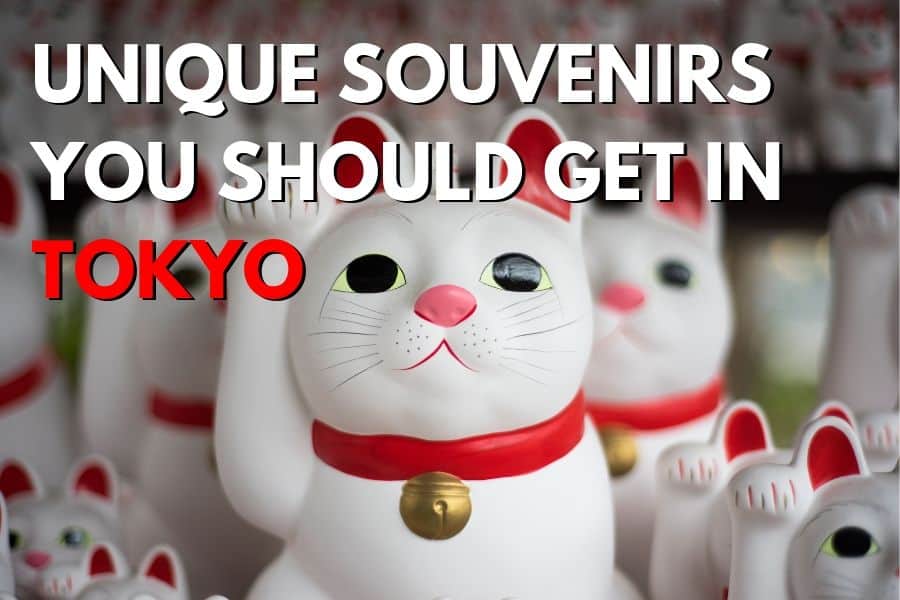 A Japanese lucky cat with the text "Unique souvenirs you should get in Tokyo"