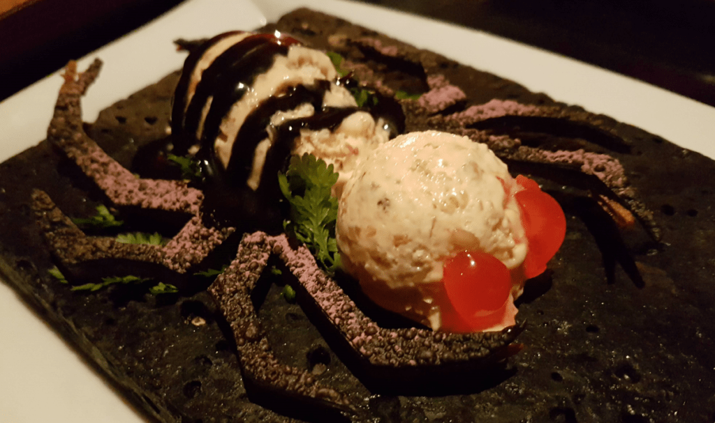 Close up of a spider dessert in Vampire Café in Tokyo.